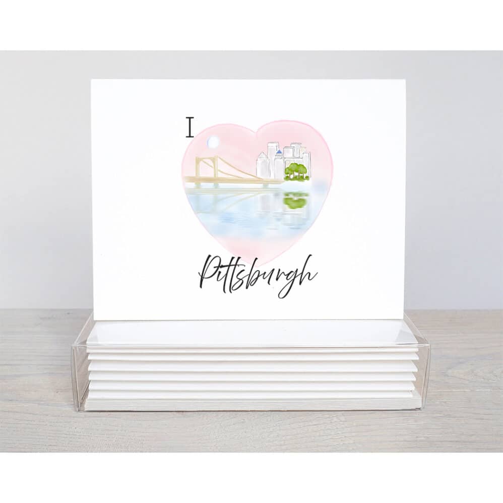I love Pittsburgh note card is a pink heart with the image of downtown Pittsburgh for a bridge view.