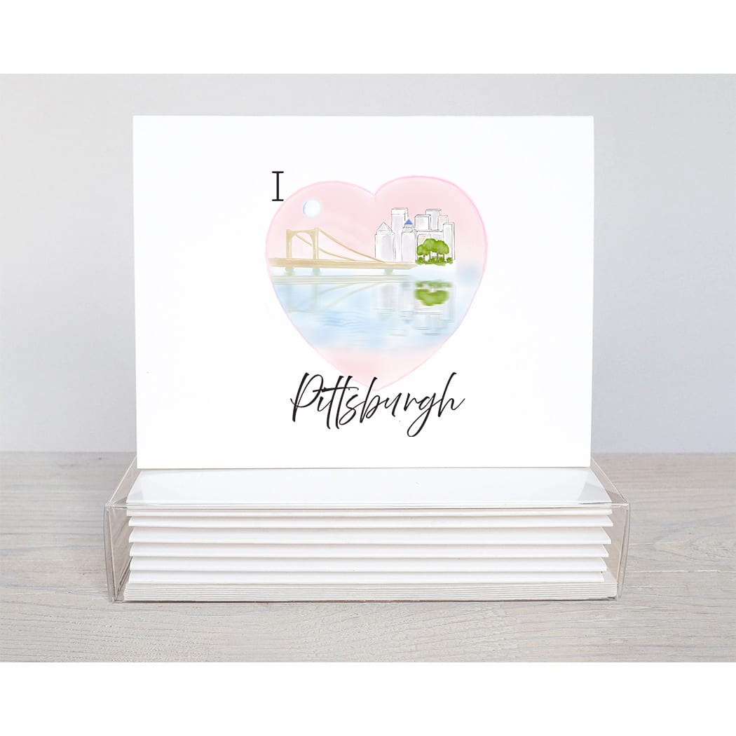 I love Pittsburgh note card is a pink heart with the image of downtown Pittsburgh for a bridge view.