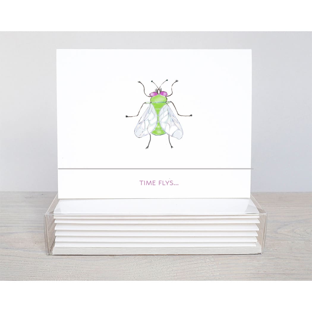 TIME FLYS NOTE CARD with a colorful 'fly,'
