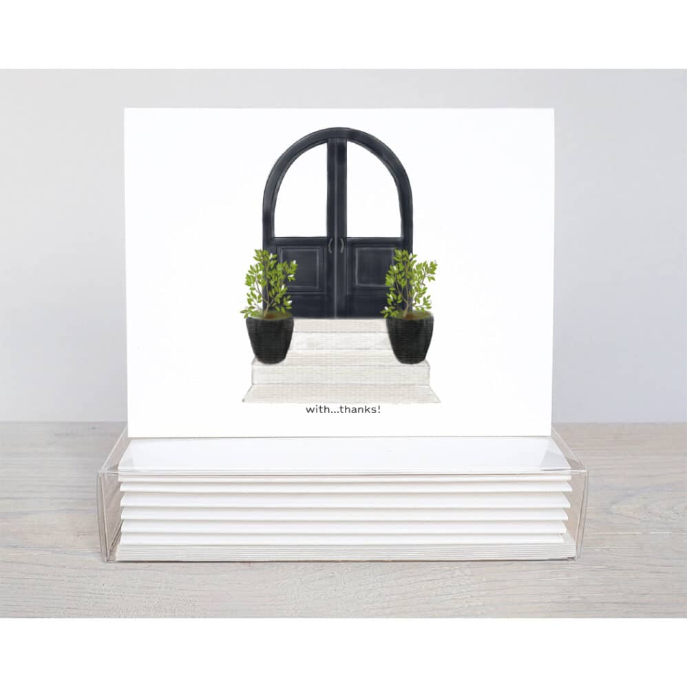 black door thank you note card with the words, with thanks