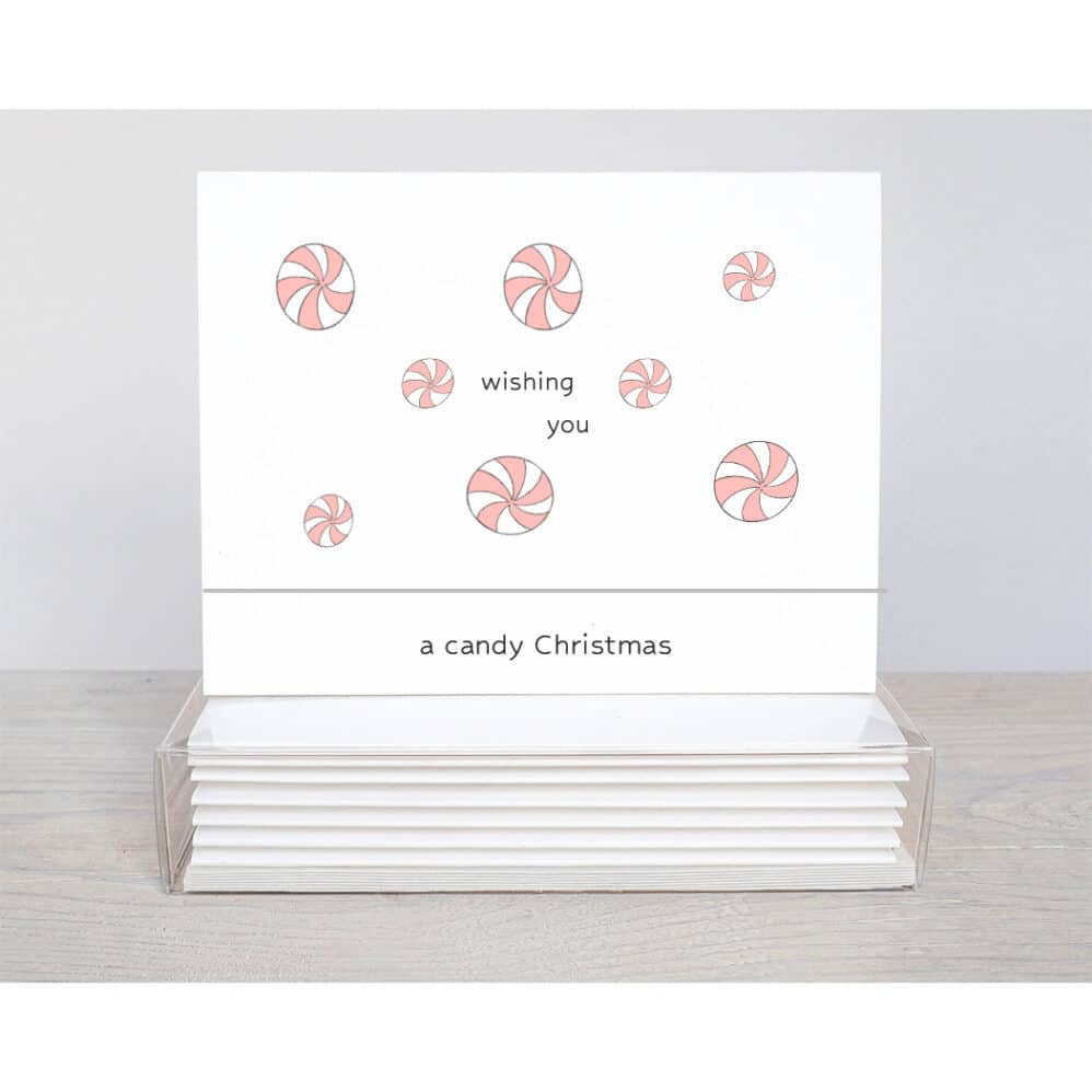 candy christmas note card with pink and white striped candy and the wording...Wishing you a, Candy Christmas on a top fold card.