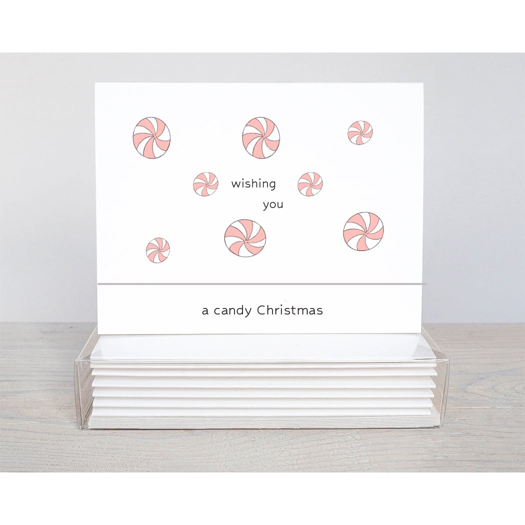candy christmas note card with pink and white striped candy and the wording...Wishing you a, Candy Christmas on a top fold card.