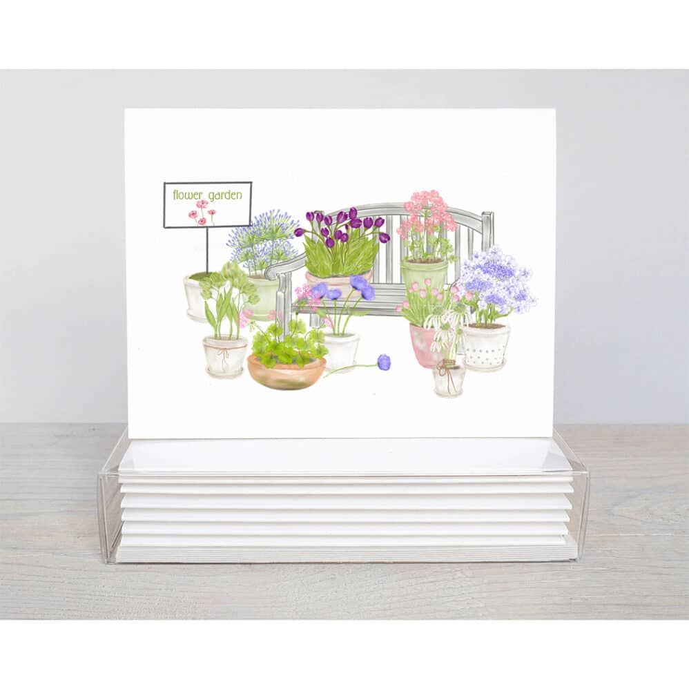 flower garden bench note cards features a weathered garden bench filled with pots of flowers