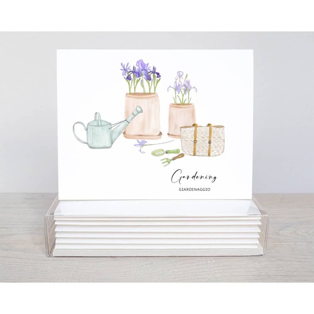 gardening giardinaggio note cards featuring two clay pots filled with iris, garden tools, watering can and a garden bag with leather straps