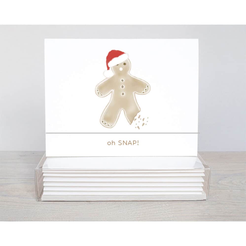 gingerbread man note card featuring an adorable gingerbread man with a bit out of leg and the words...oh Snap!