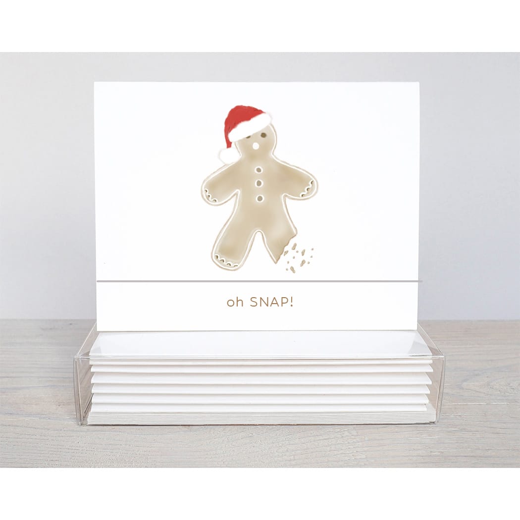 gingerbread man note card featuring an adorable gingerbread man with a bit out of leg and the words...oh Snap!