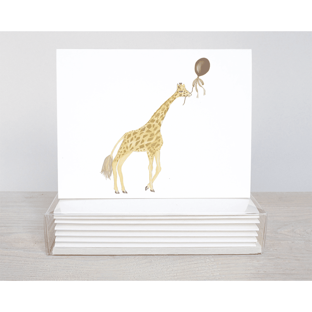 A giraffe holding a brown balloon a great note card for any celebration need