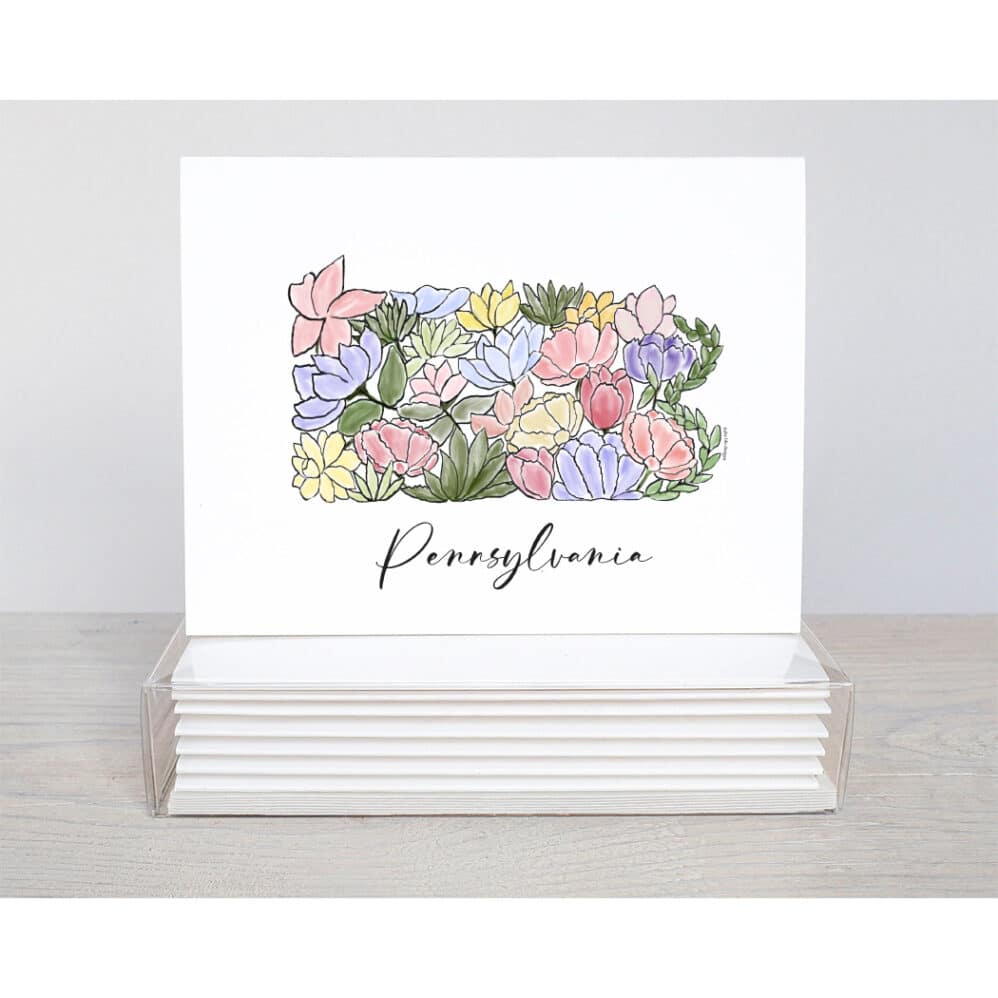 pennsylvania note card - the outline of the state designed with abstract colorful flowers