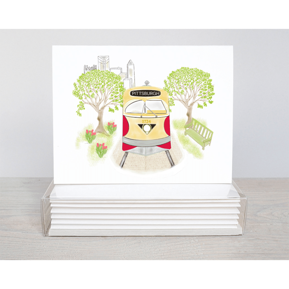 A Pittsburgh Trolley Note Card with the image of Pittsburgh Downtown in the background