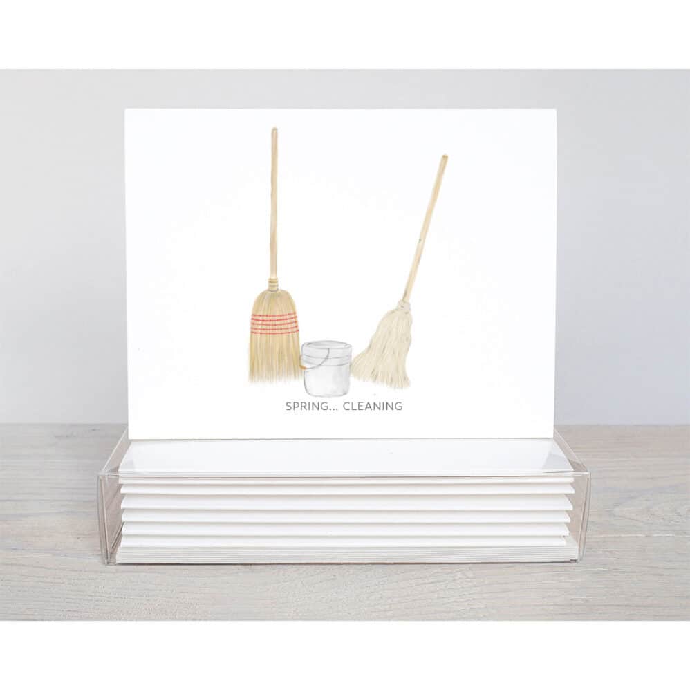 spring cleaning note cards featuring a wooden broom, bucket and wooden mop!