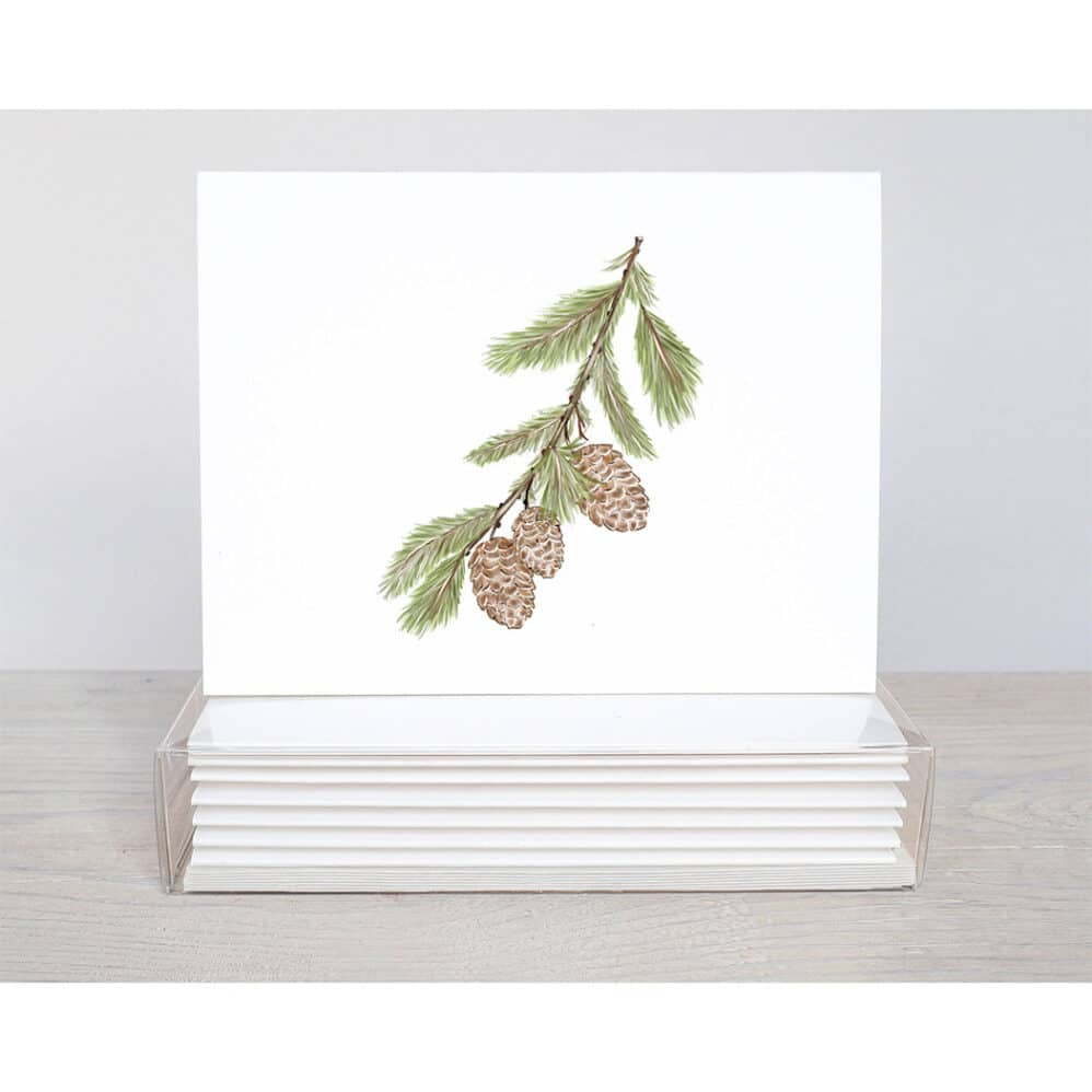 a white pine cone on holiday note card